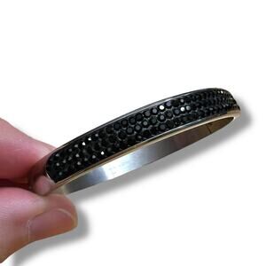 Vintage JCM Silver Stainless Steel Bangle Bracelet with Black Crystal Accents